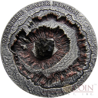 Niue Island CRATER POPIGAI series METEORITE CRATER Silver coin $1 Antique finish 2016 Wavy Ultra High Relief with Real Meteorite Stone 1 oz